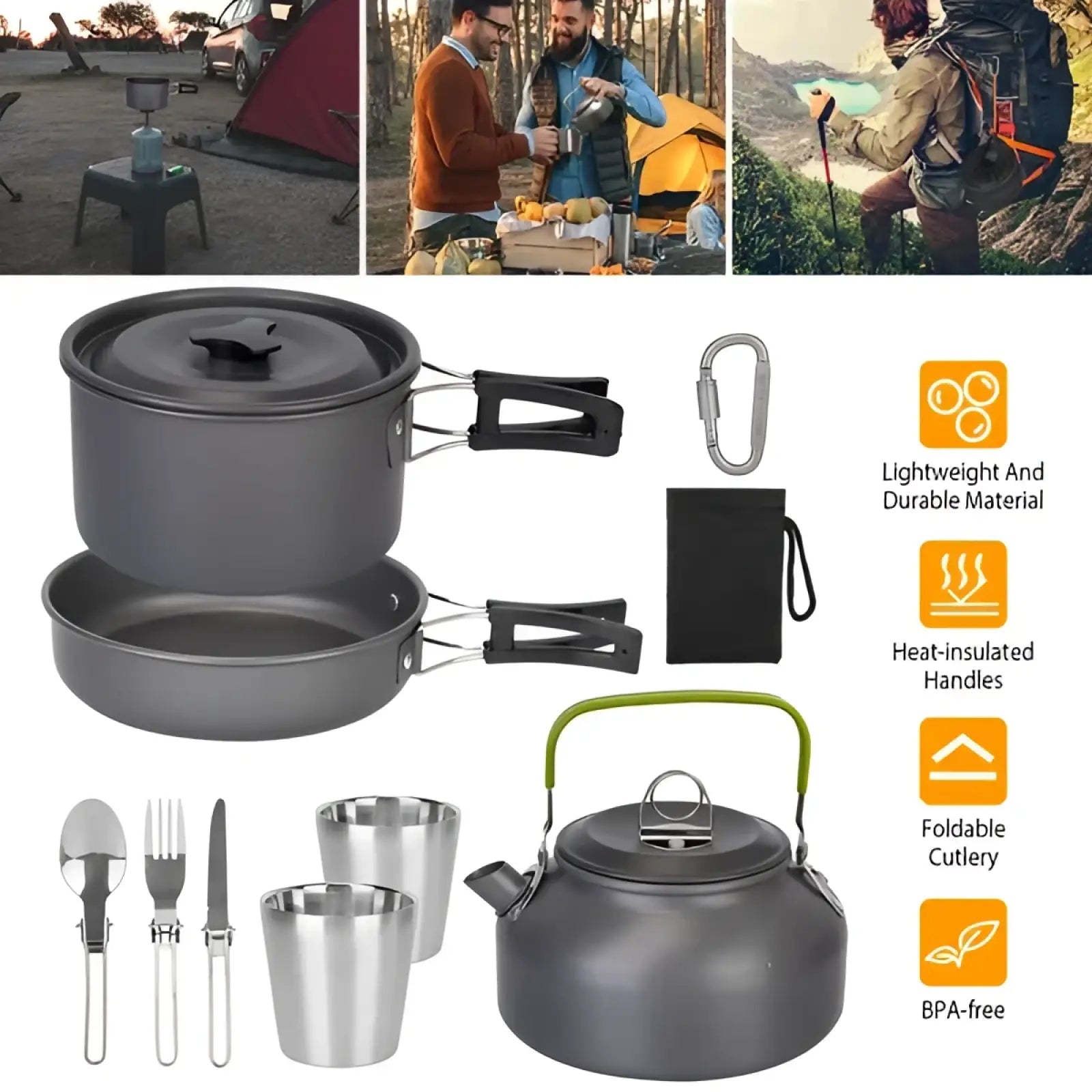 12pcs Camping Cookware Set with Aluminum Pot and Kettle